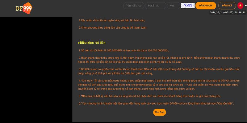 Điều kiện cần đảm bảo khi rút tiền df999 là gì