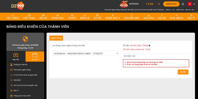 Người chơi hoàn thành thông tin tài khoản rút tiền df999